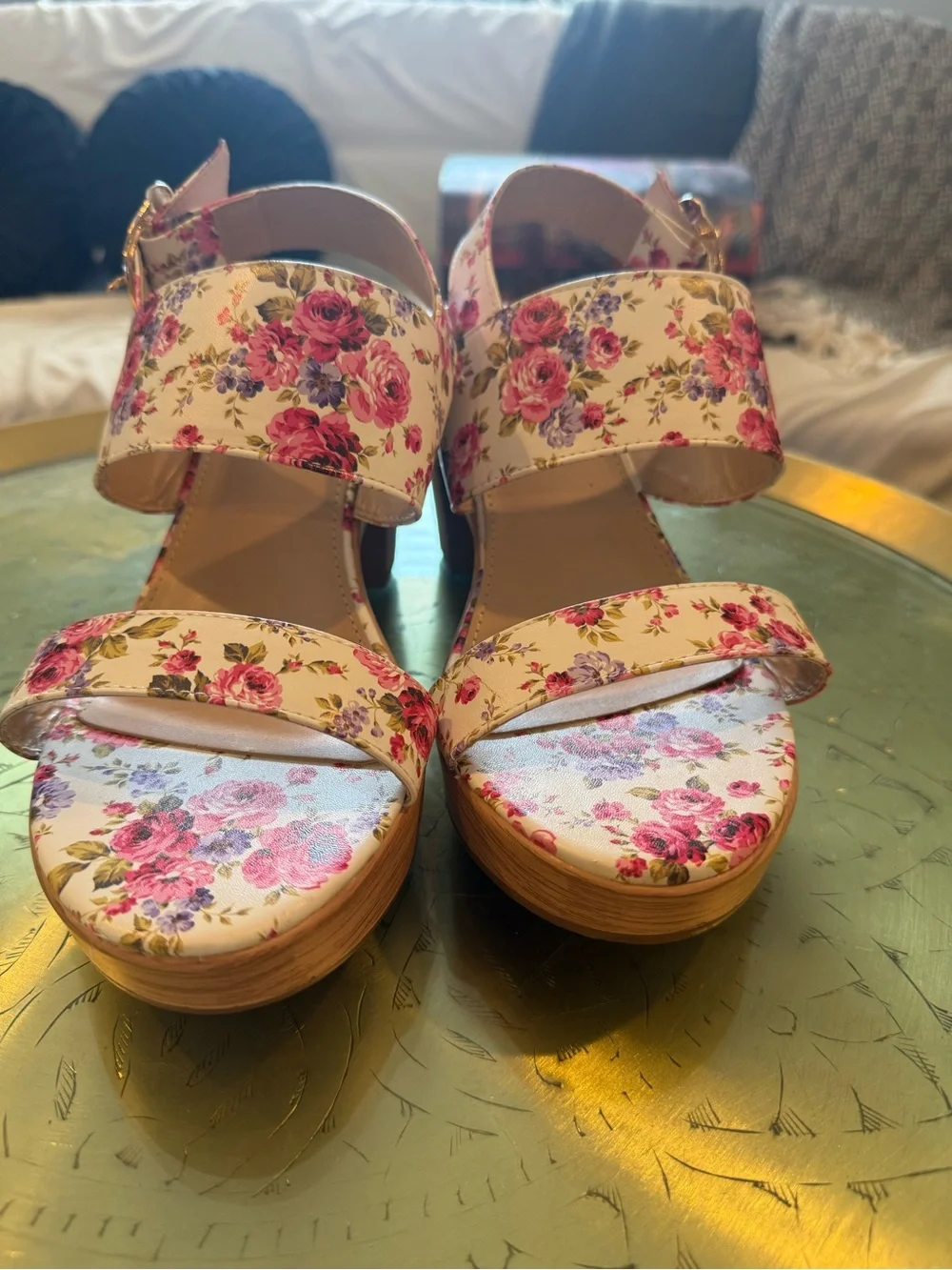 Floral Print Platform Sandals in Pink - Women's Chunky Heels